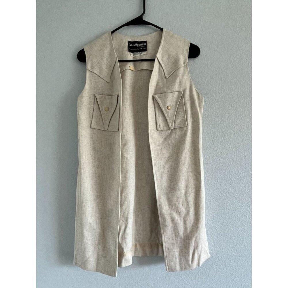 Clobber of London by Mindy Malone Vintage 60's Linen Open Front Vest Khaki OS